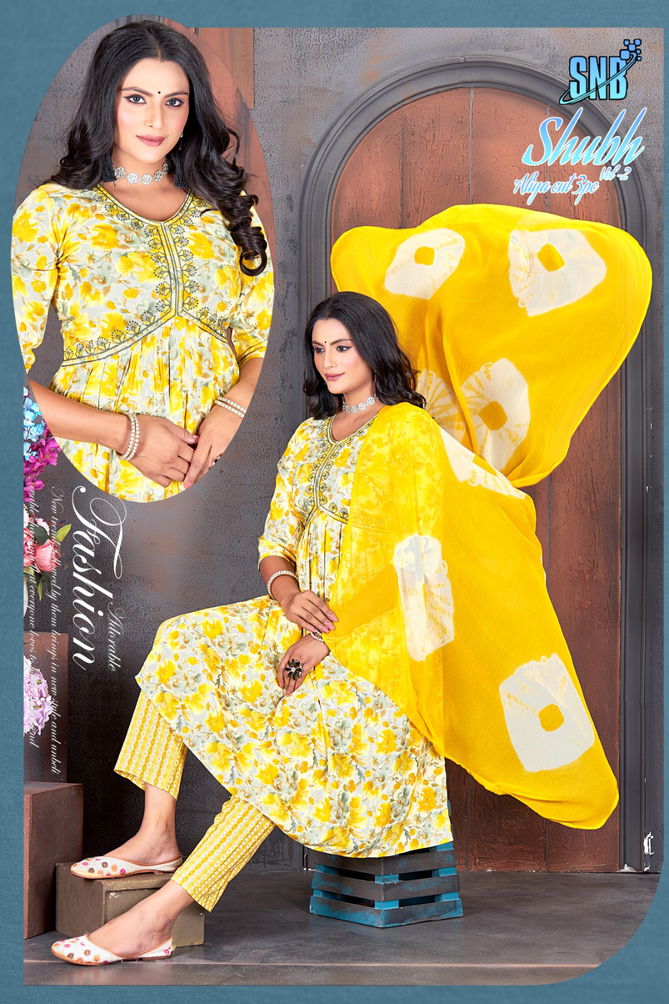 Shubh Vol 2 By Snb Alia Cut Rayon Printed Kurti With Bottom Dupatta Wholesale Shop In Surat
